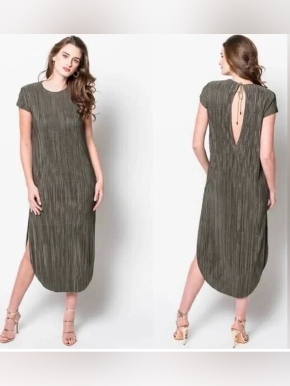 Sabina Musayev Olive Green Textured Pleated Sleeveless Maxi Dress Size L